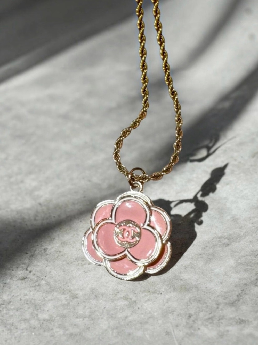 💗CHANEL Iconic Camellia Flower Pendant Necklace, 20" Chain, PINK, GOLD, 1.18" D